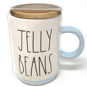 Rae Dunn JELLY BEANS Mug WITH WOODEN COASTER LID NWT